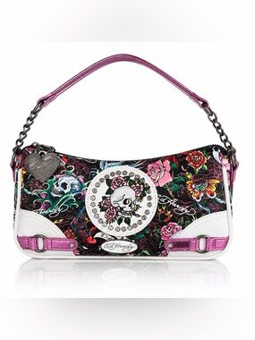 Ed Hardy Black Floral Skull Shoulder Bag with Pink Accents